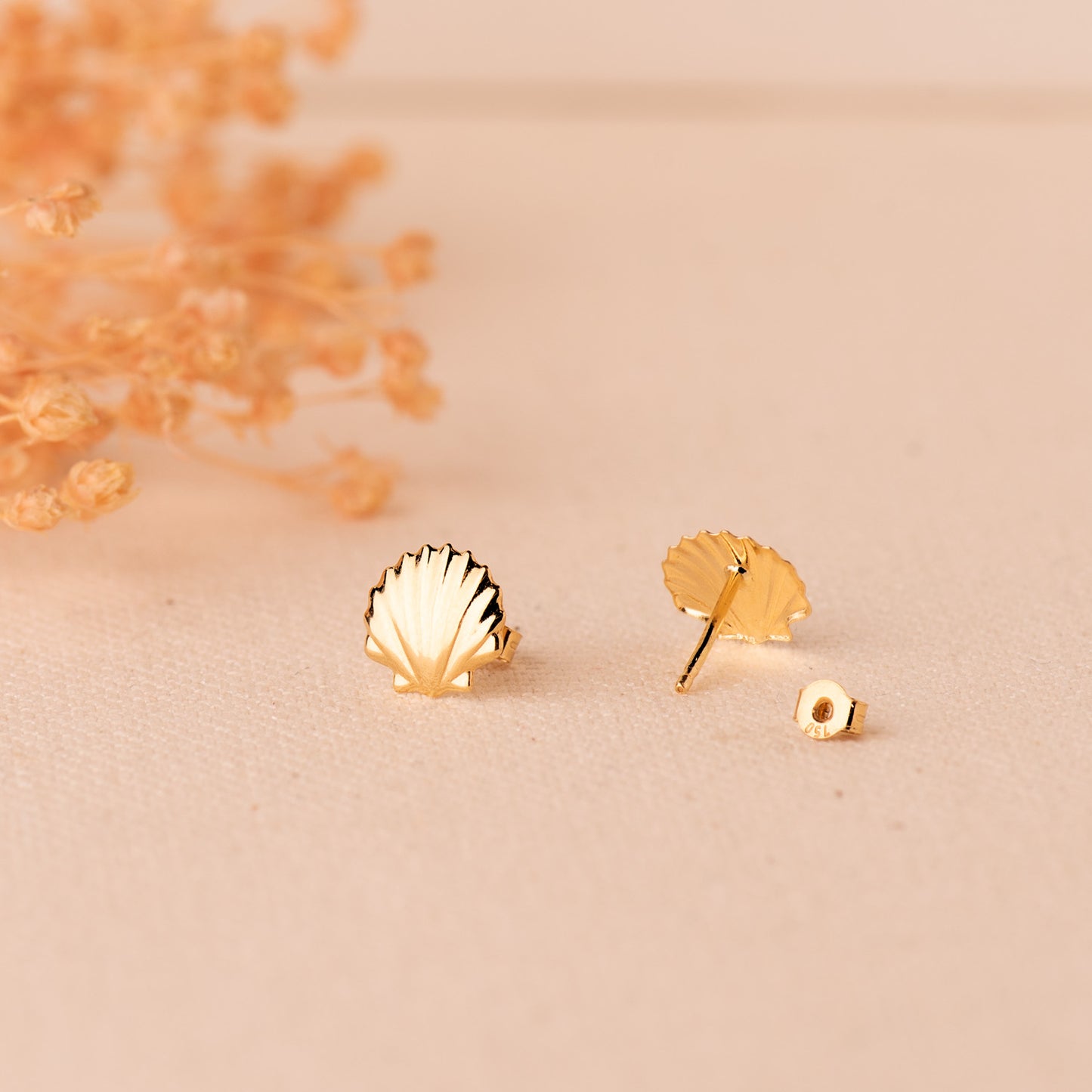 18K PENDIENTES ORO AMARILLO CONCHA BRILLO 8 X 8 MM. CIERRE PRESION
