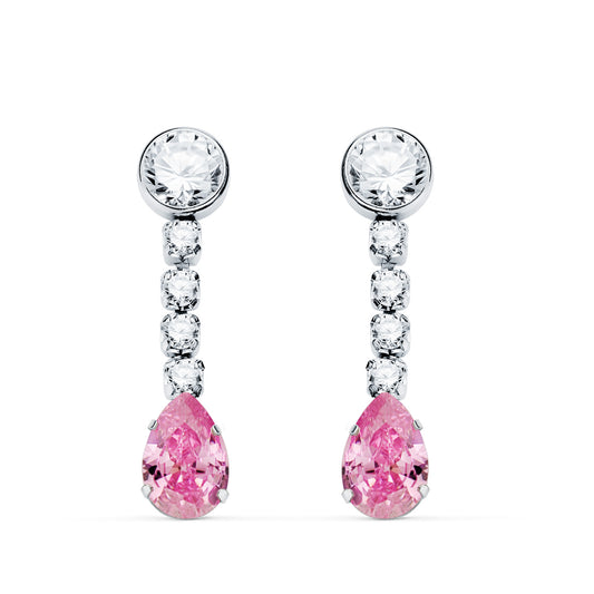 18K PENDIENTES ORO BLANCO PIEDRA ROSA GOTA Y CIRCONTIAS. 22X5 MM. CIERRE PRESION
