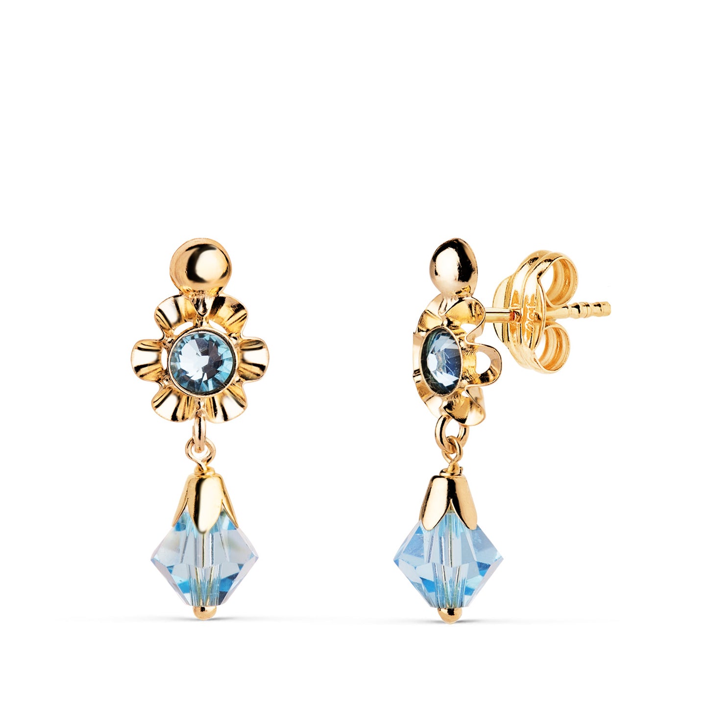 18K PENDIENTES ORO AMARILLO CUBANAS CON CIRCONITAS AZULES. MEDIDA: 18 X 6,5 MM. CIERRE PRESION