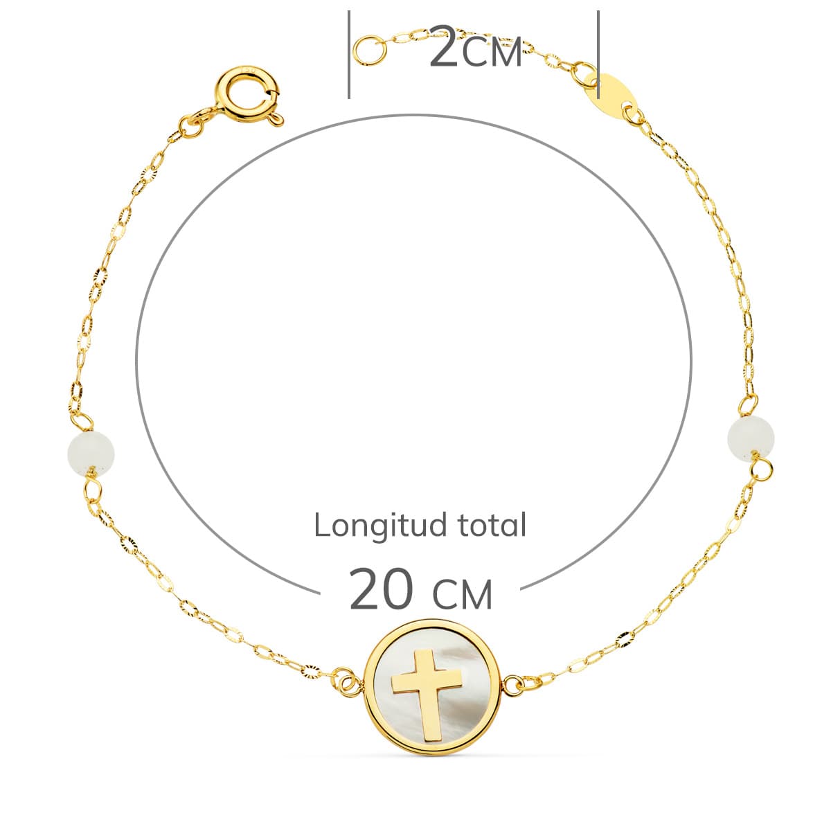18K PULSERA ORO AMARILLO NACAR CON CRUZ 12 MM Y BOLAS JADE 4 MM CADENA 18 2.5 CM