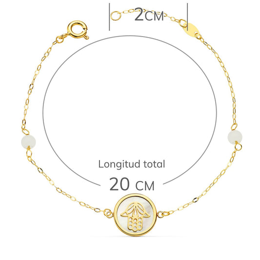 18K PULSERA ORO AMARILLO NACAR CON MANO DE FATIMA 12 MM Y BOLAS JADE 4 MM CADENA 18 2.5 CM
