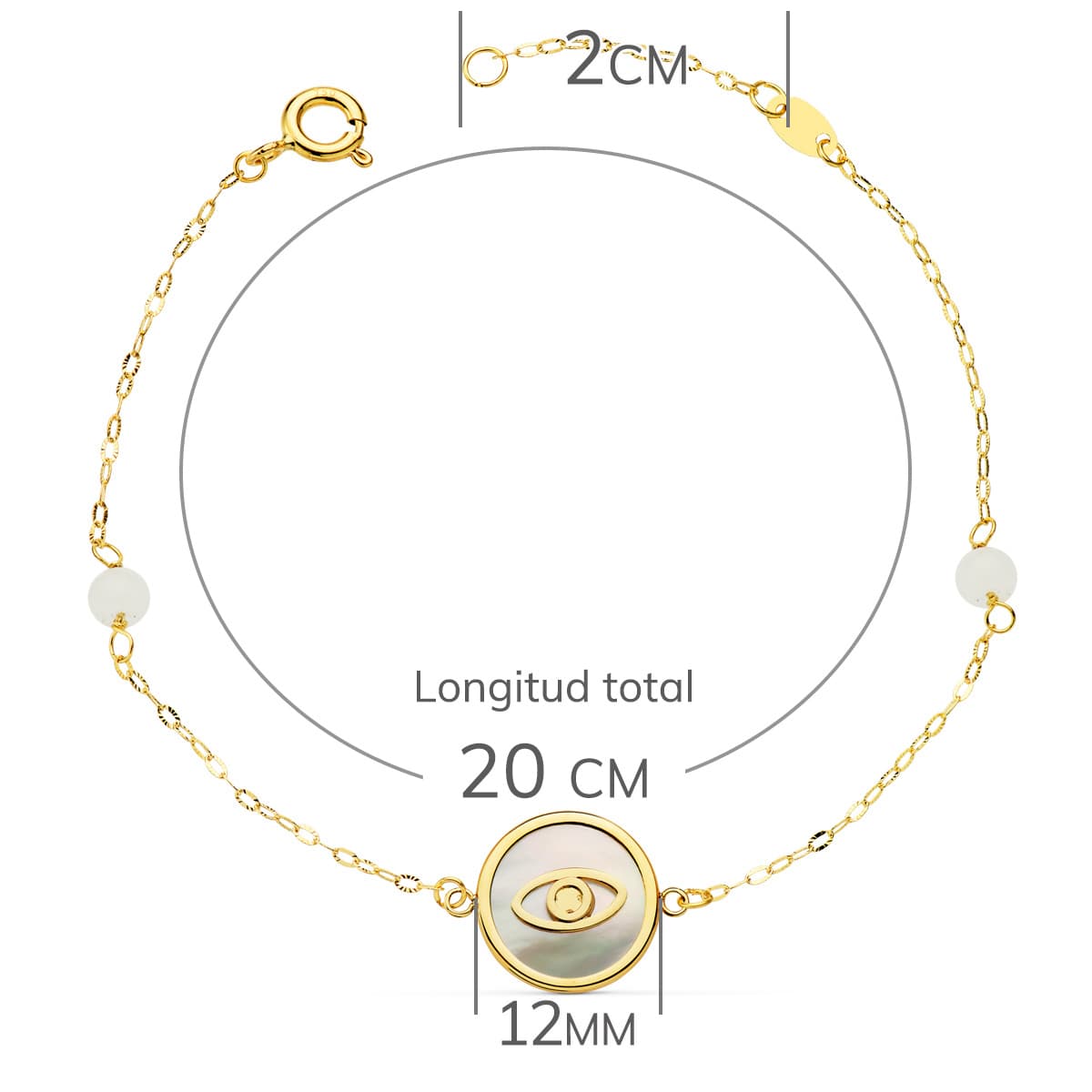 18K PULSERA ORO AMARILLO NACAR CON AMULETO OJO TURCO 12 MM Y BOLAS JADE 4 MM CADENA 18 2.5 CM
