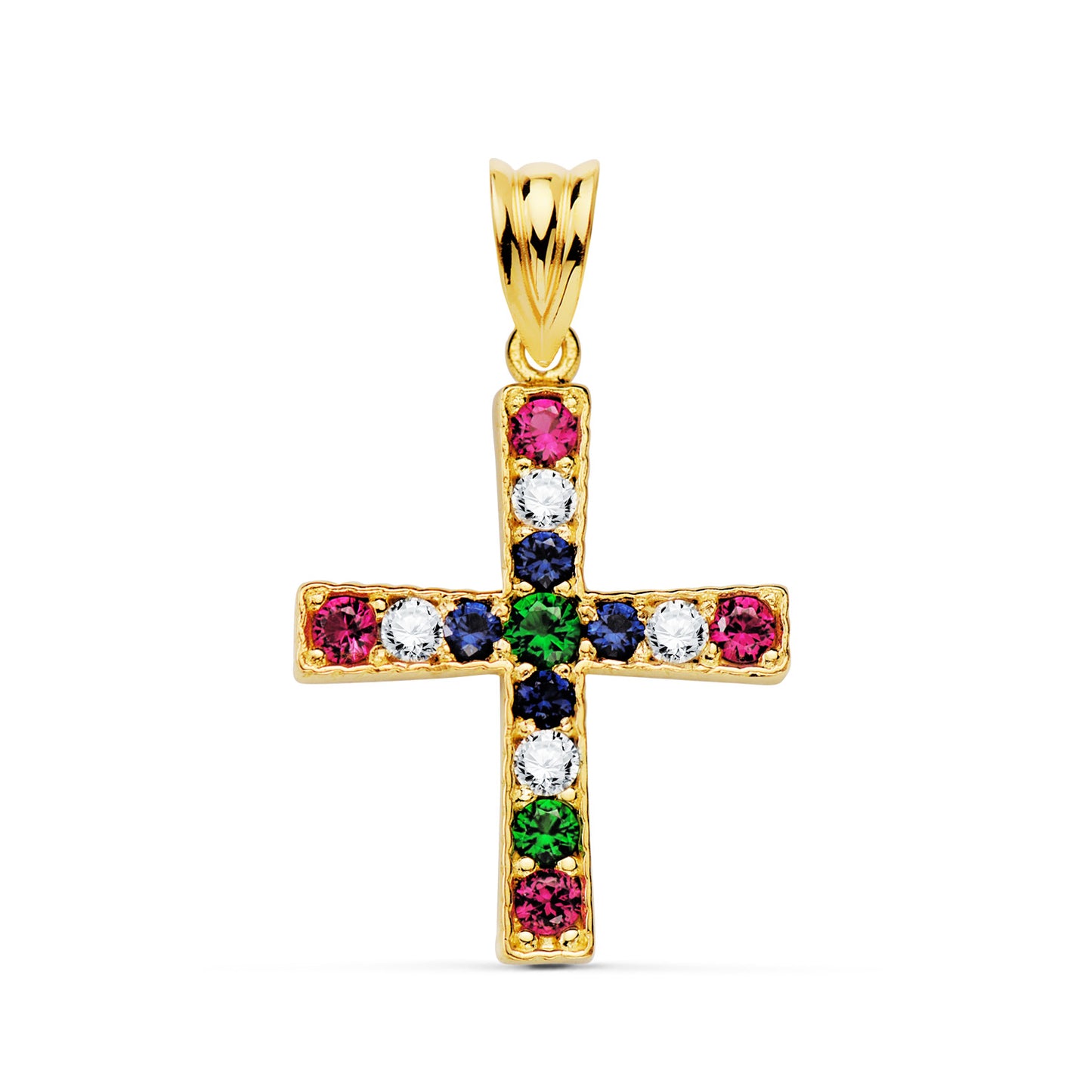 18K CRUZ ORO AMARILLO CON CIRCONITA COLORES REDONDAS. 22 X 19 MM