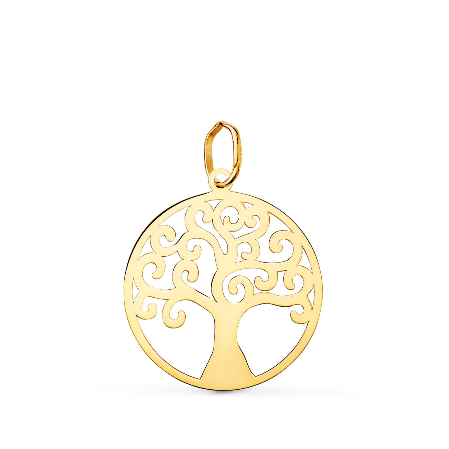 18K COLGANTE AMULETO ORO AMARILLO REDONDO ARBOL DE LA VIDA EN BRILLO 20 MM