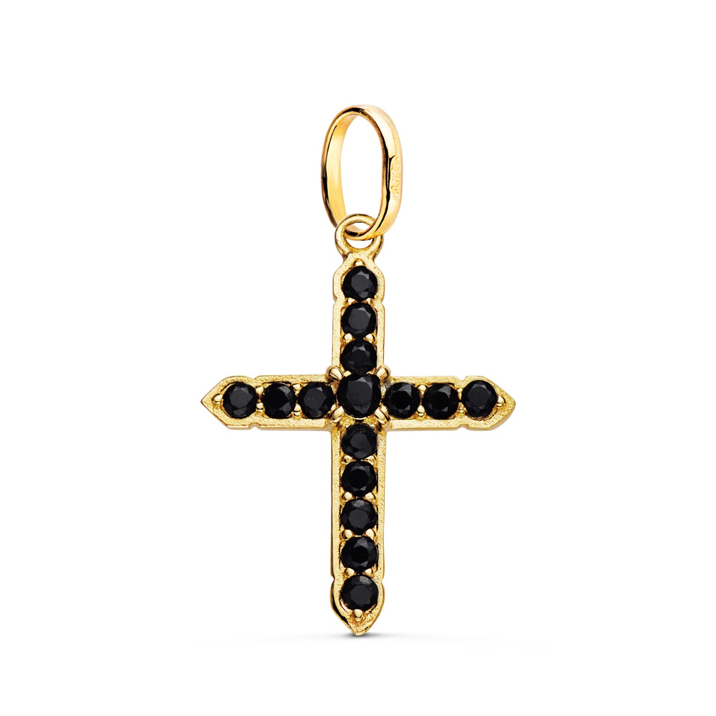 18K CRUZ ORO AMARILLO CON 15 CIRCONITA NEGRAS EN GARRAS. 24 X 18 MM