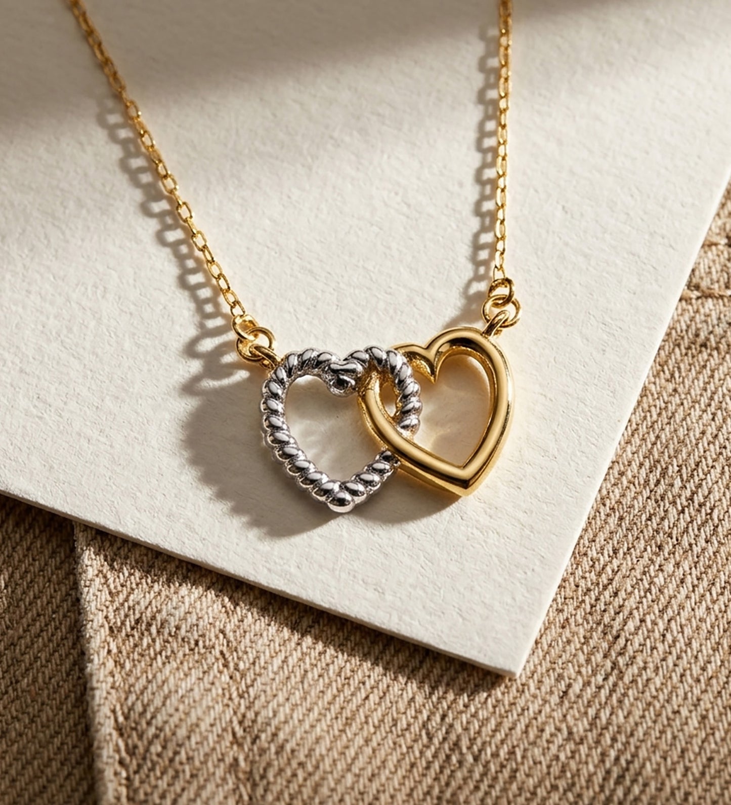 18K GARGANTILLA ORO BICOLOR DOS CORAZONES 13X9 MM. CADENA FORZADA 42 3 CM C. AMOR