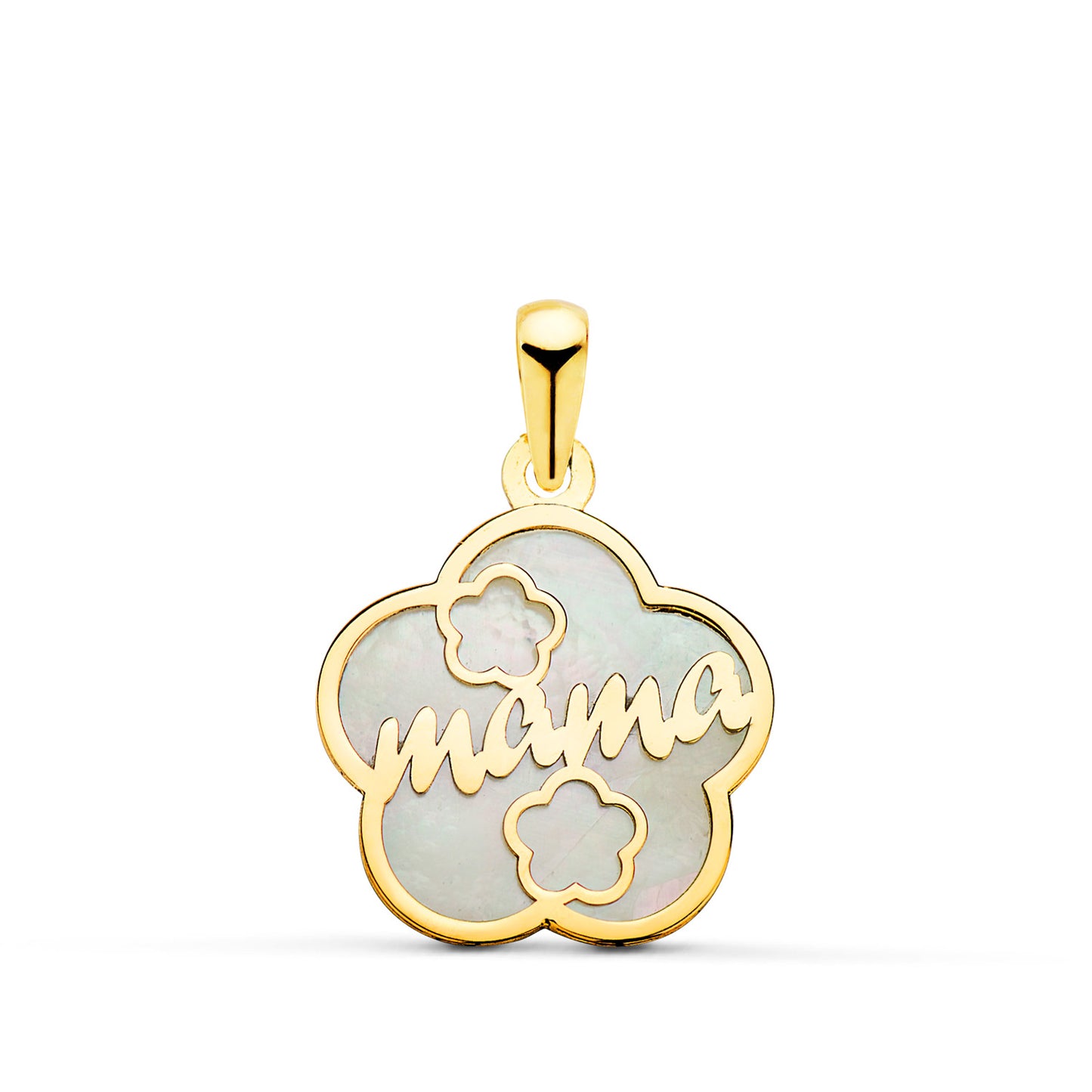 18K COLGANTE DE NACAR ORO AMARILLO FORMA DE FLOR Y MAMA CON CORAZONES 15X15MM