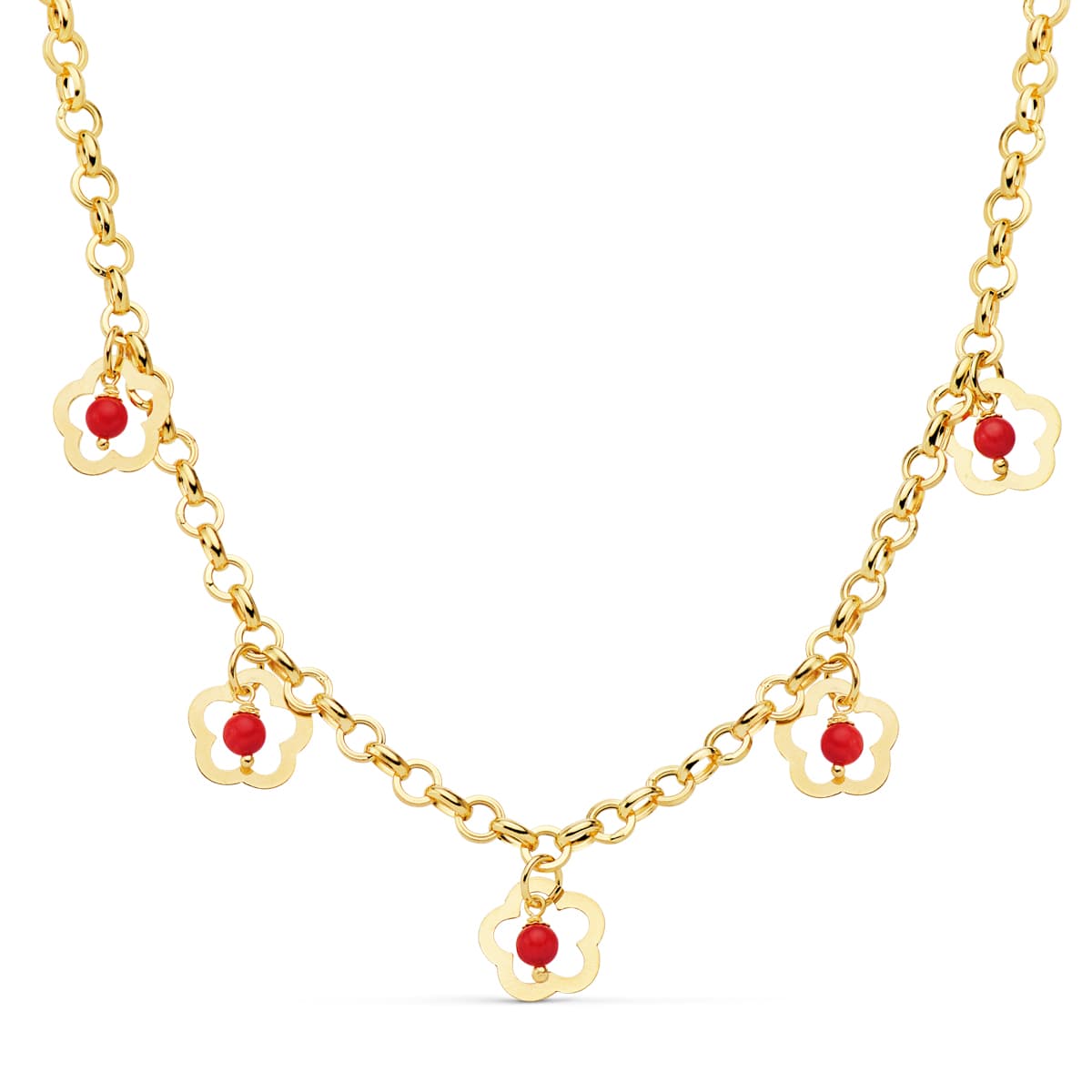 18K COLLAR ORO AMARILLO FLORES 12 MM CORAL CADENA 50CM