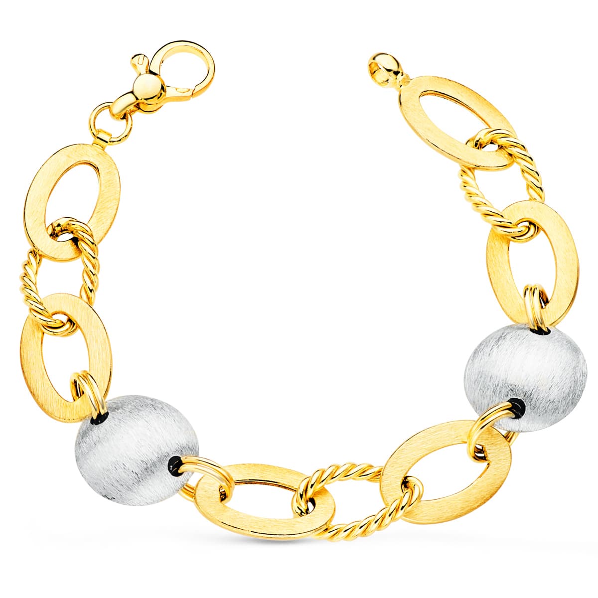 18K PULSERA ORO BICOLOR ARTICULADA MOTIVOS OVALES Y REDONDOS MATIZADOS. 19. CM