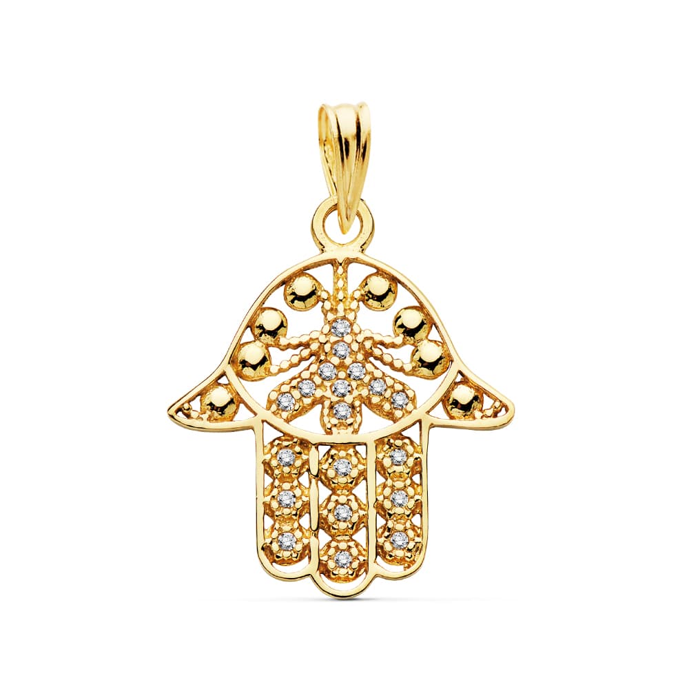 18K COLGANTE AMULETO ORO AMARILLO MANO FATIMA 19X18 MM