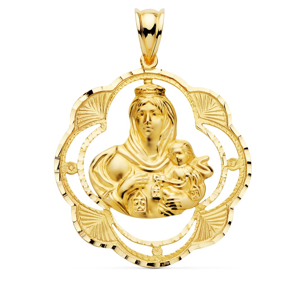 18K MEDALLA ORO AMARILLO VIRGEN DEL CARMEN PANDERETA 38X34 MM