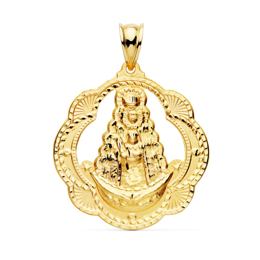 18K MEDALLA ORO AMARILLO VIRGEN DEL ROCIO PANDERETA 35X33 MM