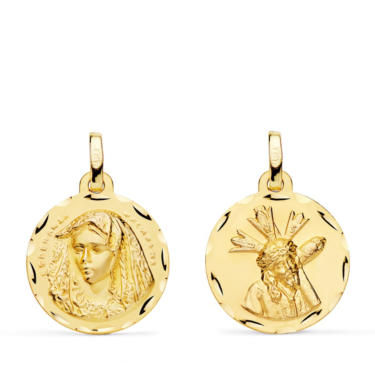 18K ESCAPULARIO ORO AMARILLO VIRGEN MACARENA Y GRAN PODER TALLADA 20 MM