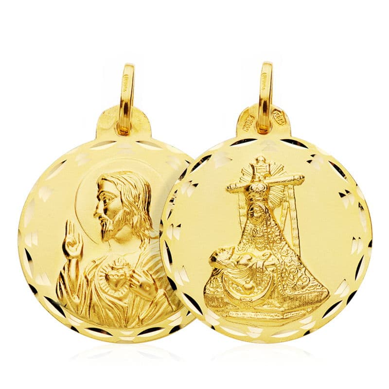 18K ESCAPULARIO ORO AMARILLO VIRGEN DE LAS ANGUSTIAS CORAZON DE JESUS 24 MM
