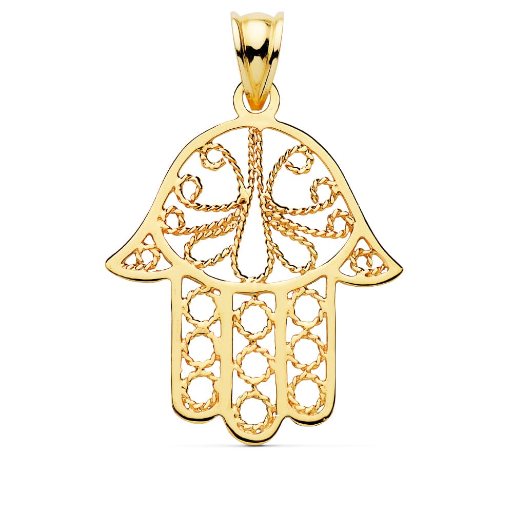18K COLGANTE AMULETO ORO AMARILLO MANO DE FATIMA CALADA 36 X 31 MM