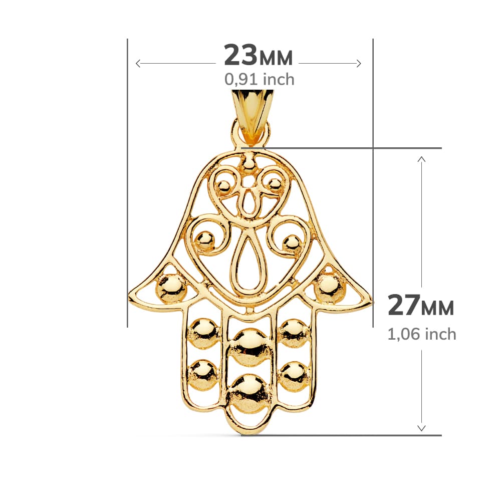 18K COLGANTE AMULETO ORO AMARILLO MANO FATIMA 27X23 MM
