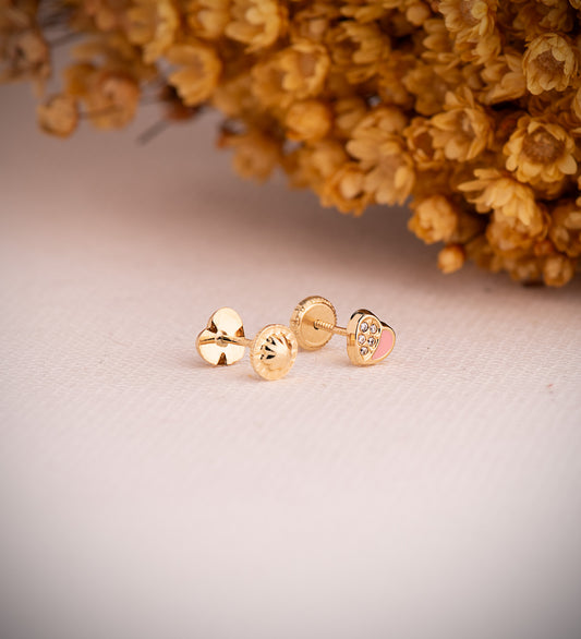 18K PENDIENTES ORO AMARILLO CORAZON ESMALTE ROSA Y CIRCONITAS 5,5X5 MM. CIERRE TUERCA