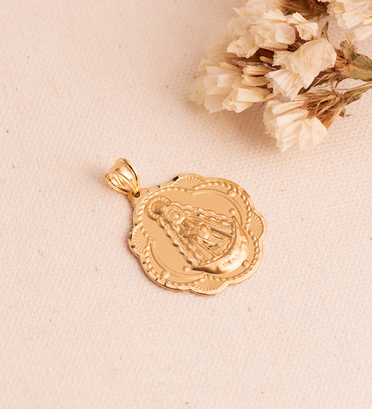 18K MEDALLA ORO AMARILLO VIRGEN DEL ROCIO PANDERETA 26X24 MM