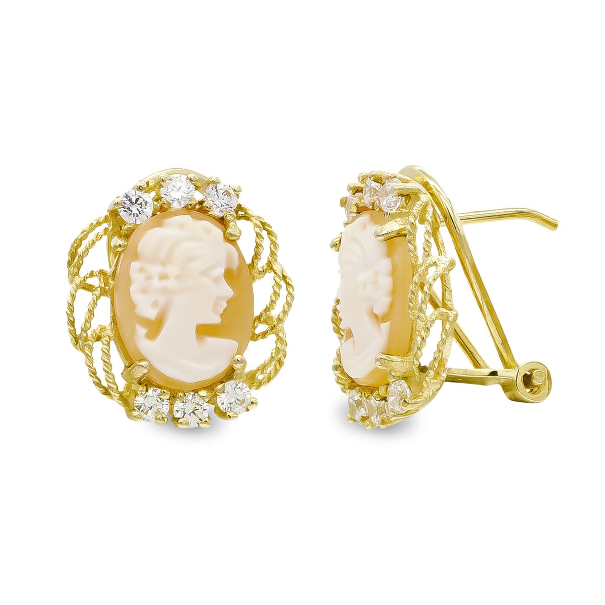 18K PENDIENTES ORO AMARILLO CAMAFEO 14X12 MM CIERRE OMEGA