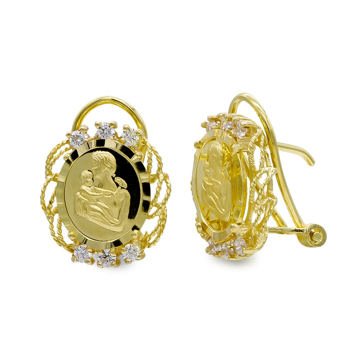 18K PENDIENTES ORO AMARILLO MONEDA MADRE CIRCONITA CIERRE OMEGA