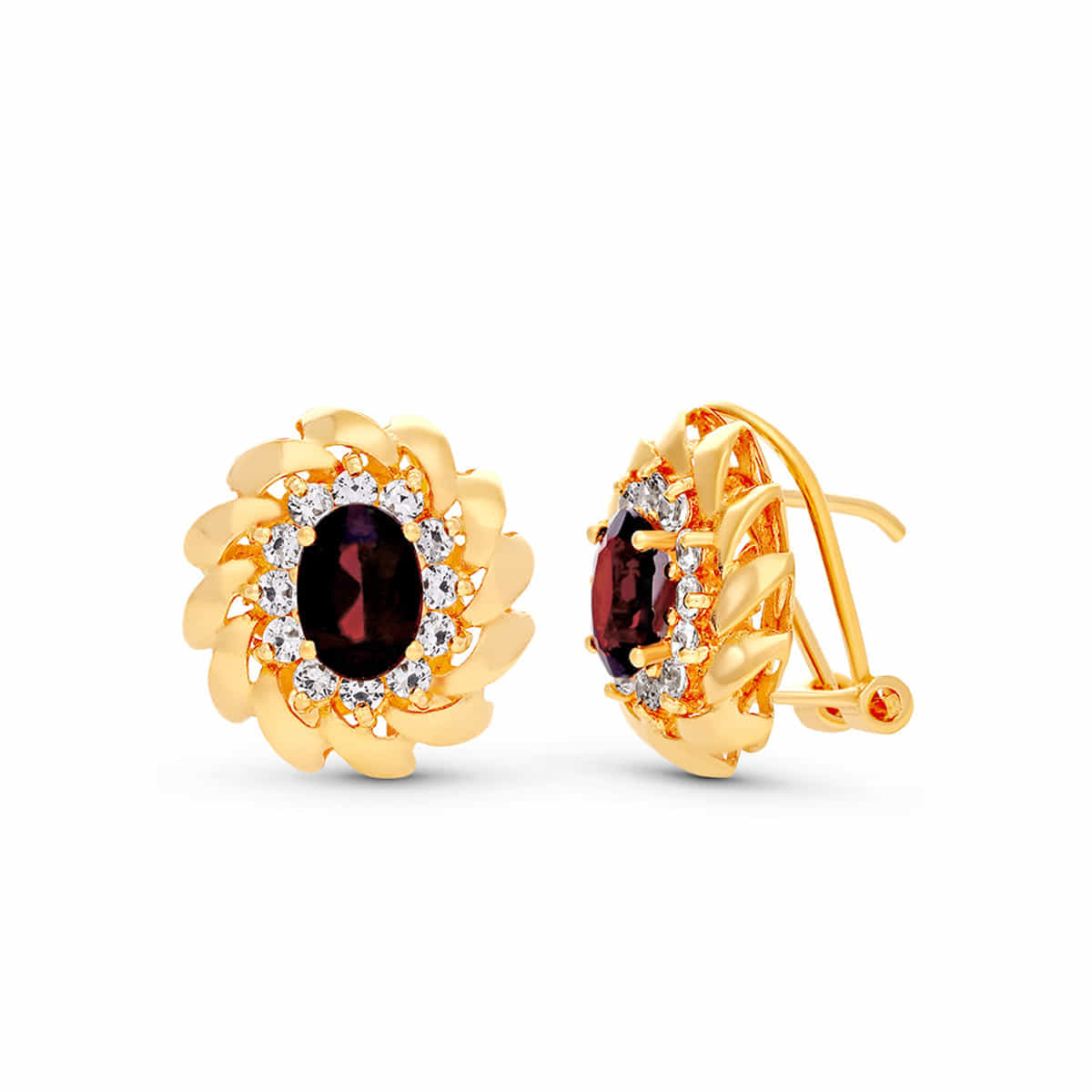 18K PENDIENTES ORO AMARILLO PIEDRA GRANATE Y CIRCONITAS 15 X 14 MM CIERRE OMEGA