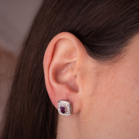 18K PENDIENTES ORO BICOLOR CUADRADOS CON AMATISTA Y CIRCONITAS. 11X11 MM. CIERRE PRESION