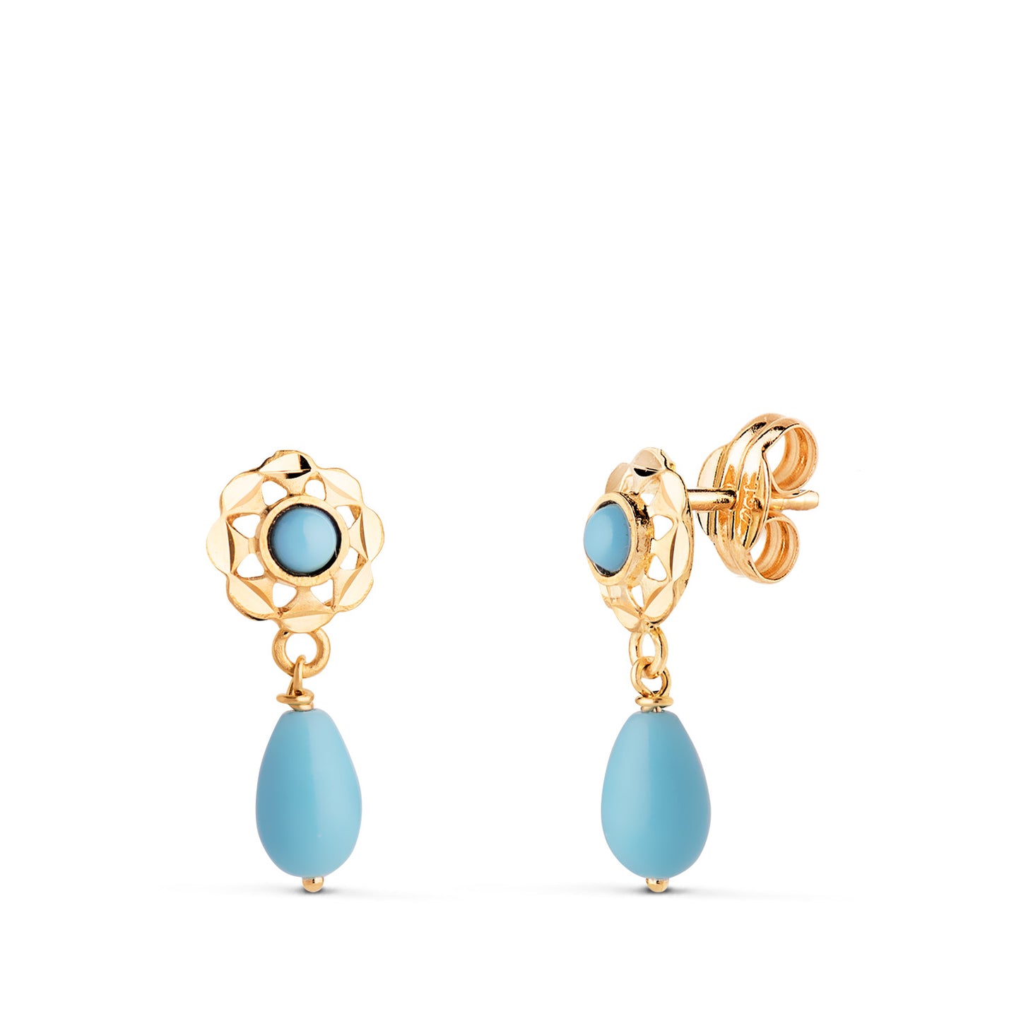 18K PENDIENTES ORO AMARILLO CUBANAS CON TURQUESA REDONDA Y LAGRIMA. 15X6 MM CIERRE PRESION