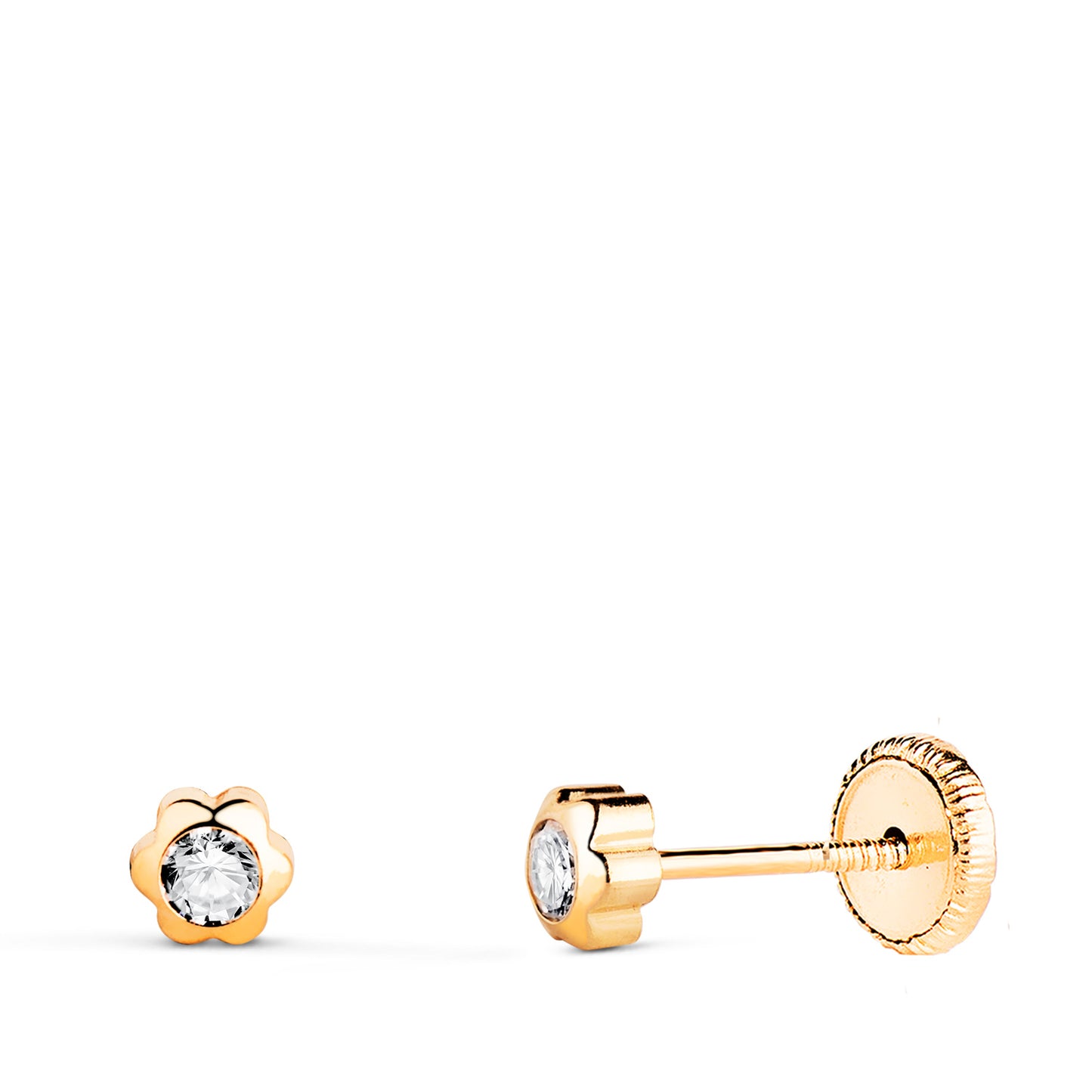 18K PENDIENTES ORO AMARILLO CHATON MARGARITA CON CIRCONITA. MEDIDA: 4 X 4 MM. CIERRE TUERCA