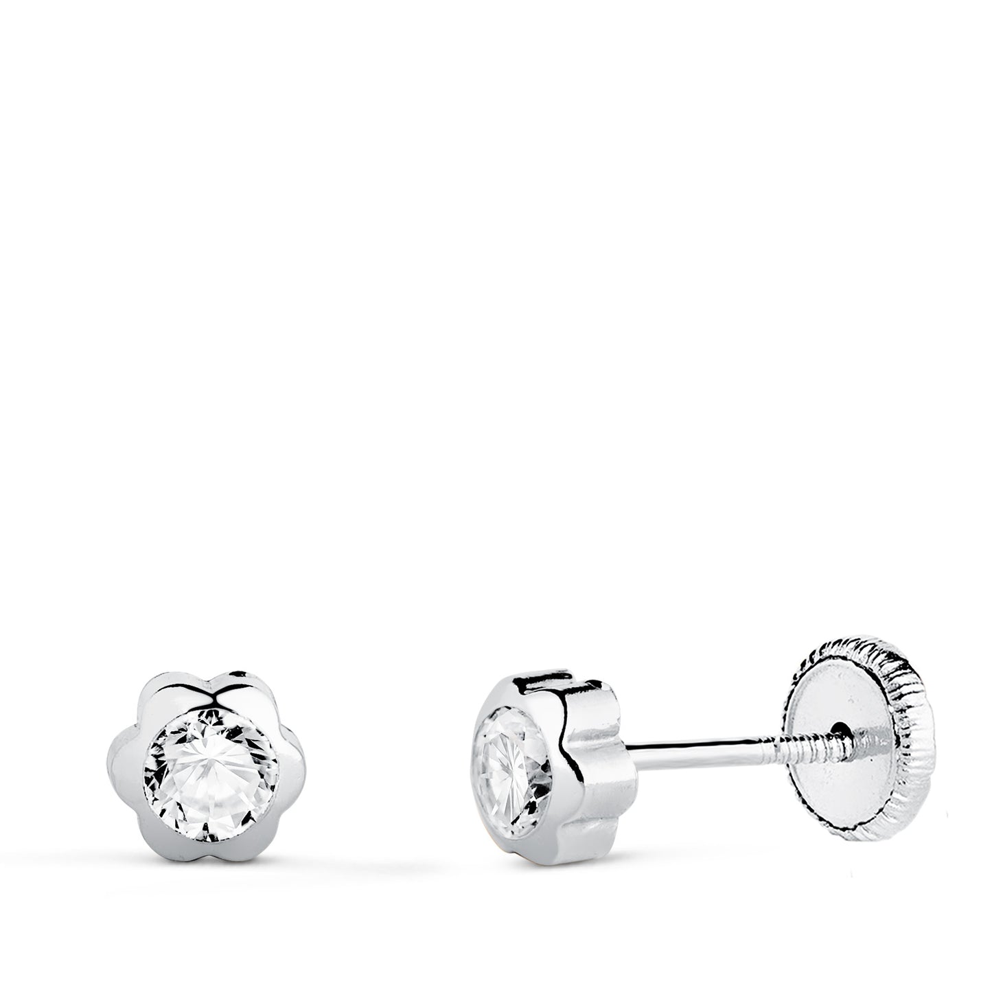 18K PENDIENTES ORO BLANCO CHATON MARGARITA CON CIRCONITA. MEDIDA: 5 X 5 MM. CIERRE TUERCA