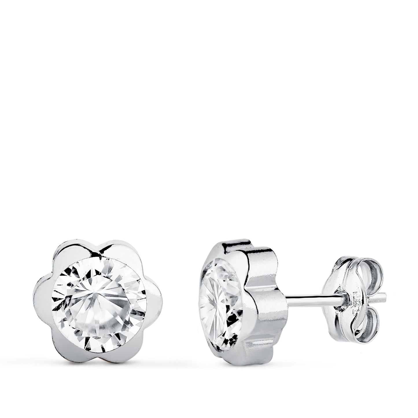18K PENDIENTES ORO BLANCO CHATON MARGARITA CON CIRCONITA. MEDIDA: 7,5 X 7,5 MM. CIERRE PRESION