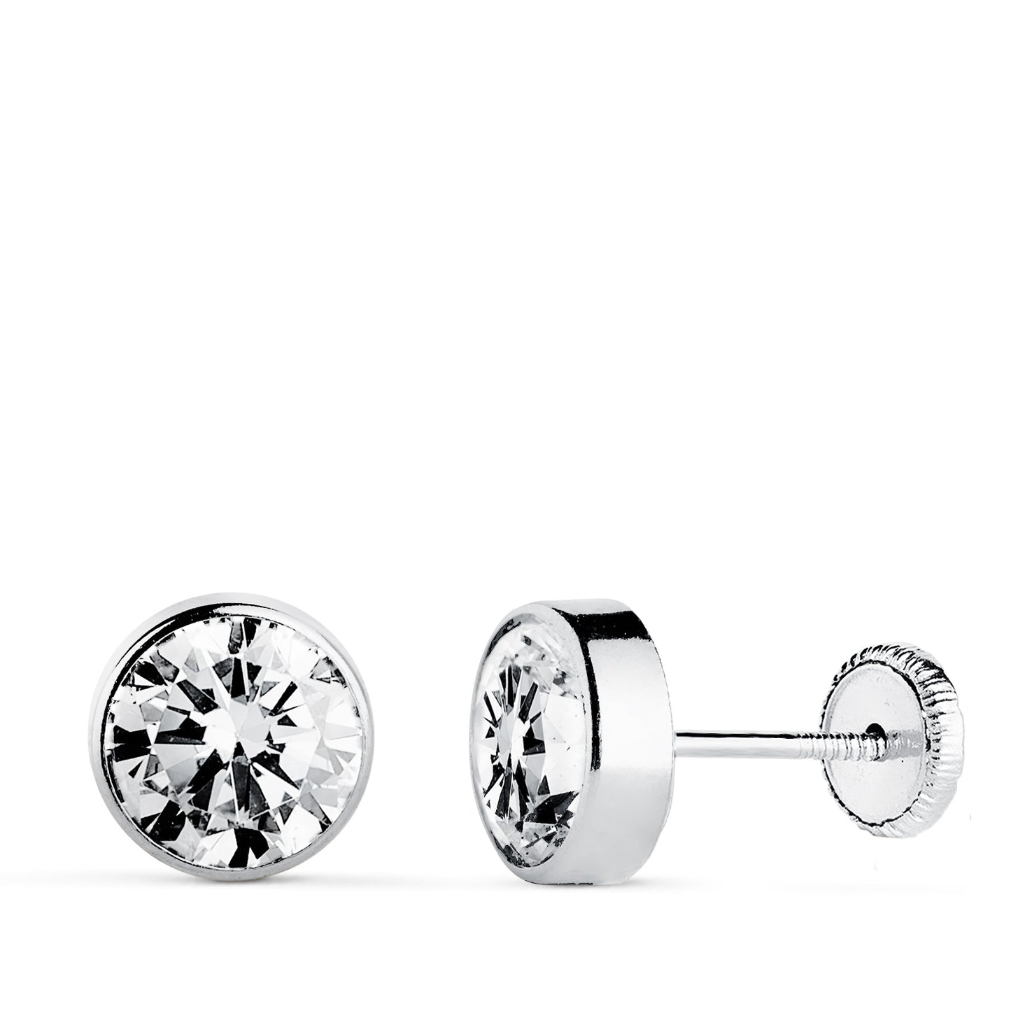 18K PENDIENTES CIRCONITA CHATON REDONDOS 7 MM ORO BLANCO CIERRE TUERCA