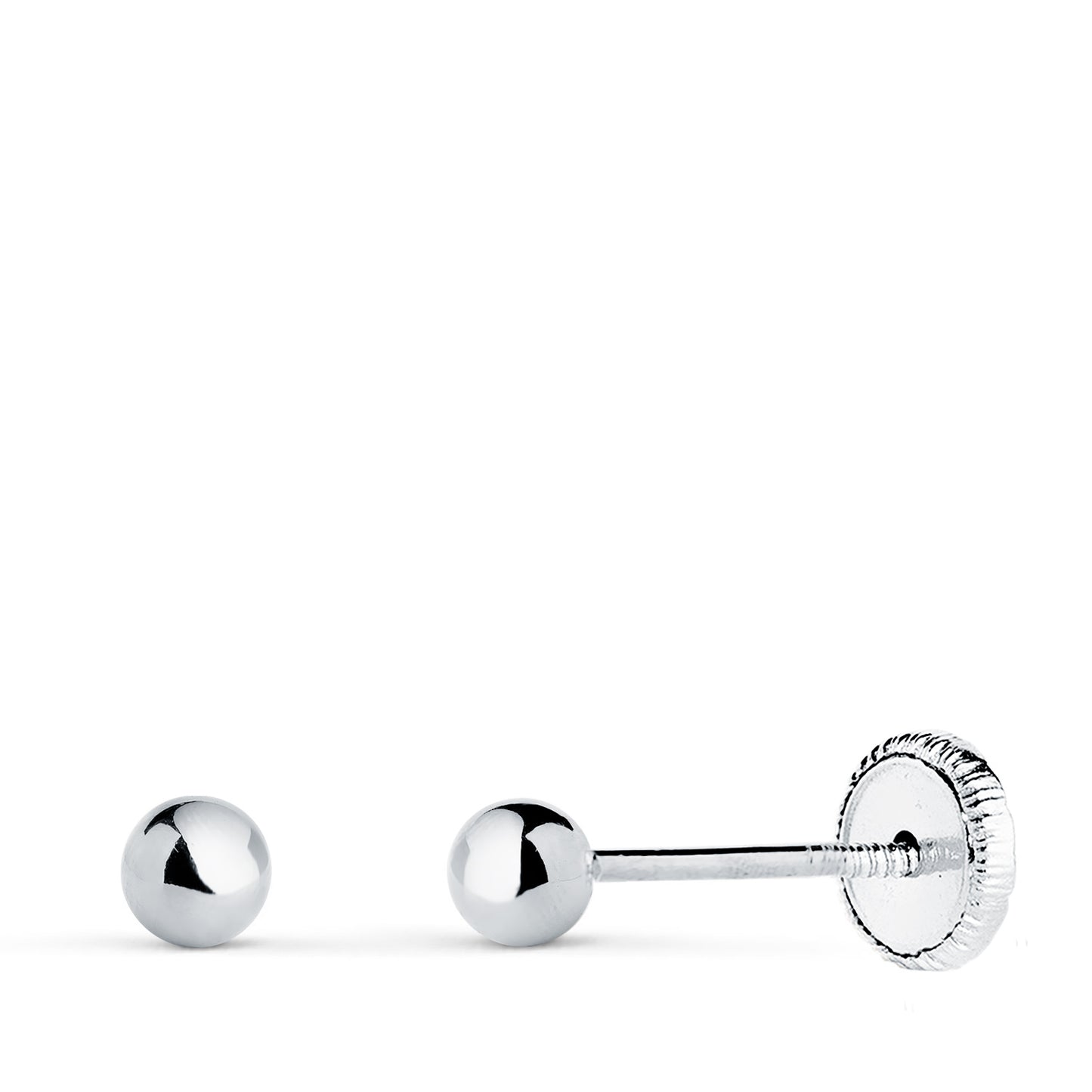 18K PENDIENTES ORO BLANCO BOLA LISA BRILLA HUECA. ANCHO: 3 MM. CIERRE TUERCA