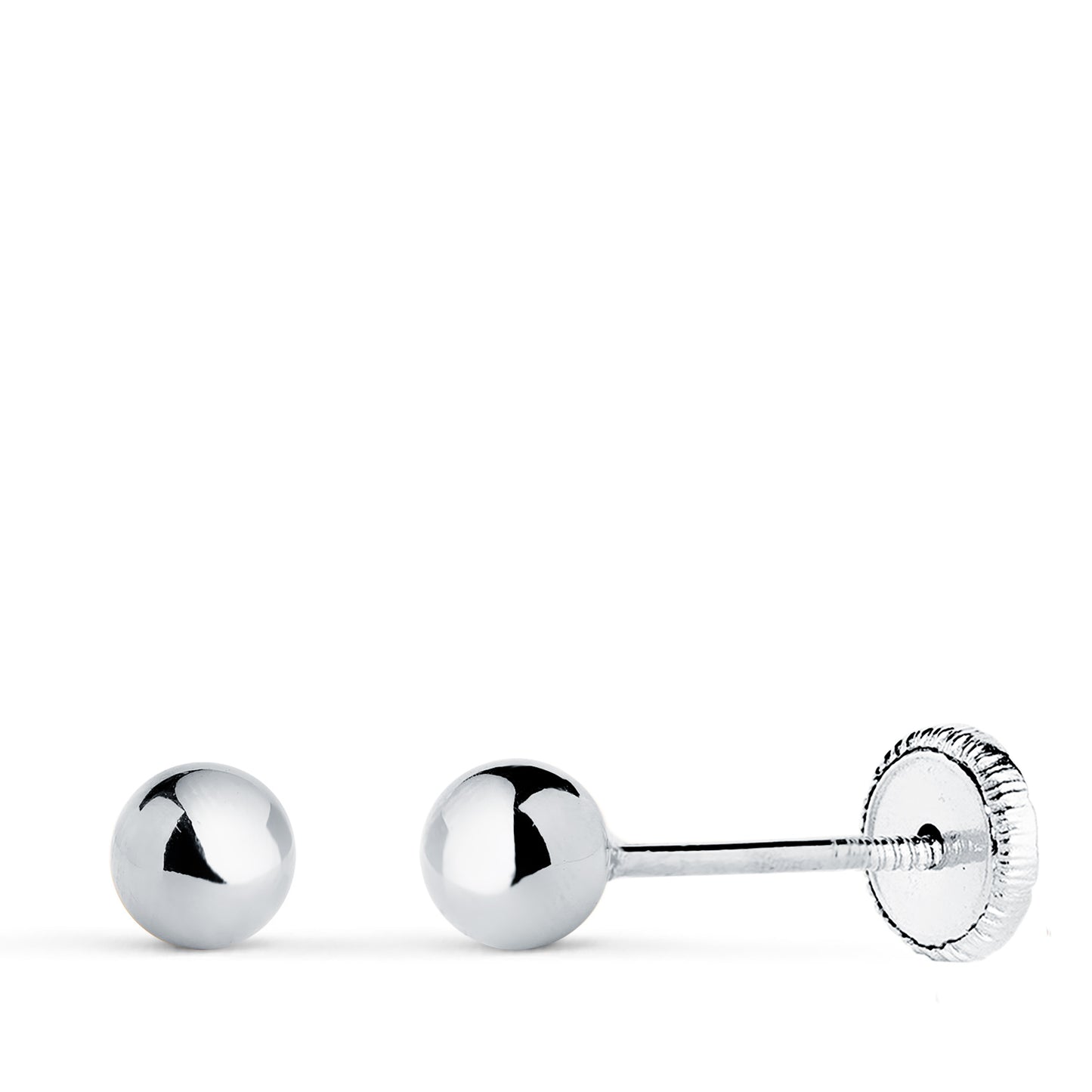18K PENDIENTES ORO BLANCO BOLA LISA BRILLA HUECA. ANCHO: 4 MM. CIERRE TUERCA