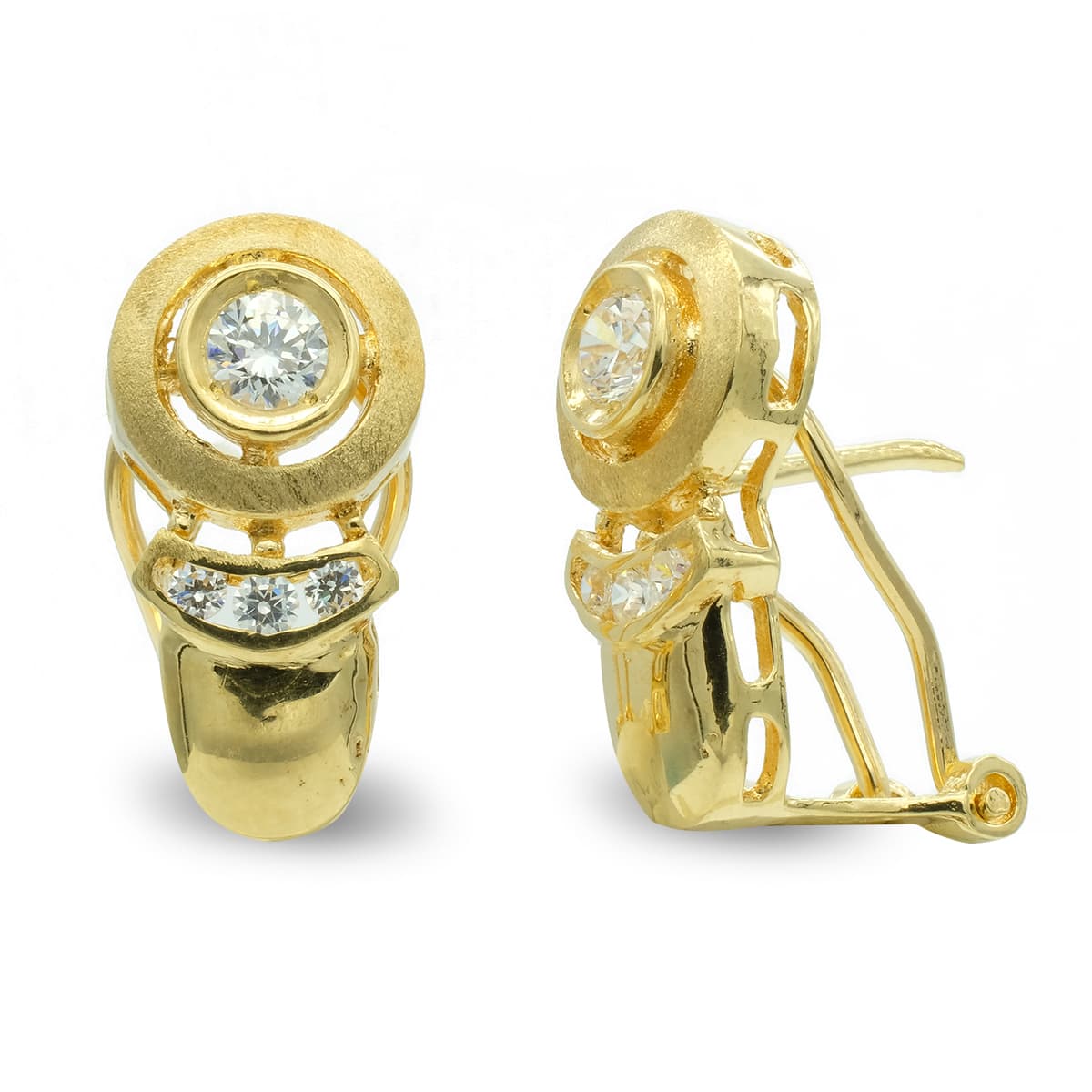 18K PENDIENTES ORO AMARILLO MATE Y BRILLO CIRCULO Y CIRCONITA CIERRE OMEGA