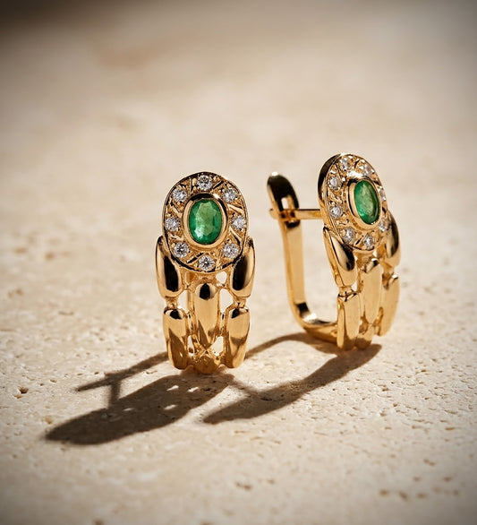 18K PENDIENTES ORO AMARILLO PANTER CON ESMERALDA Y CIRCONITAS. 16 X 8 MM. CIERRE CATALAN