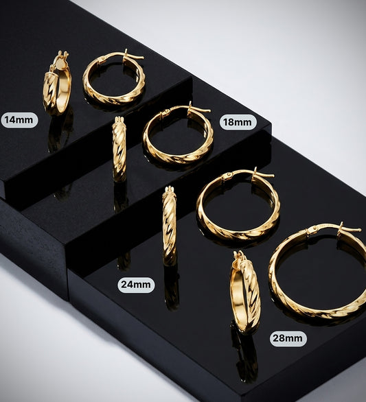 18K AROS ORO AMARILLO MEDIA CAÑA BANDAS BRILLO 24X4 MM