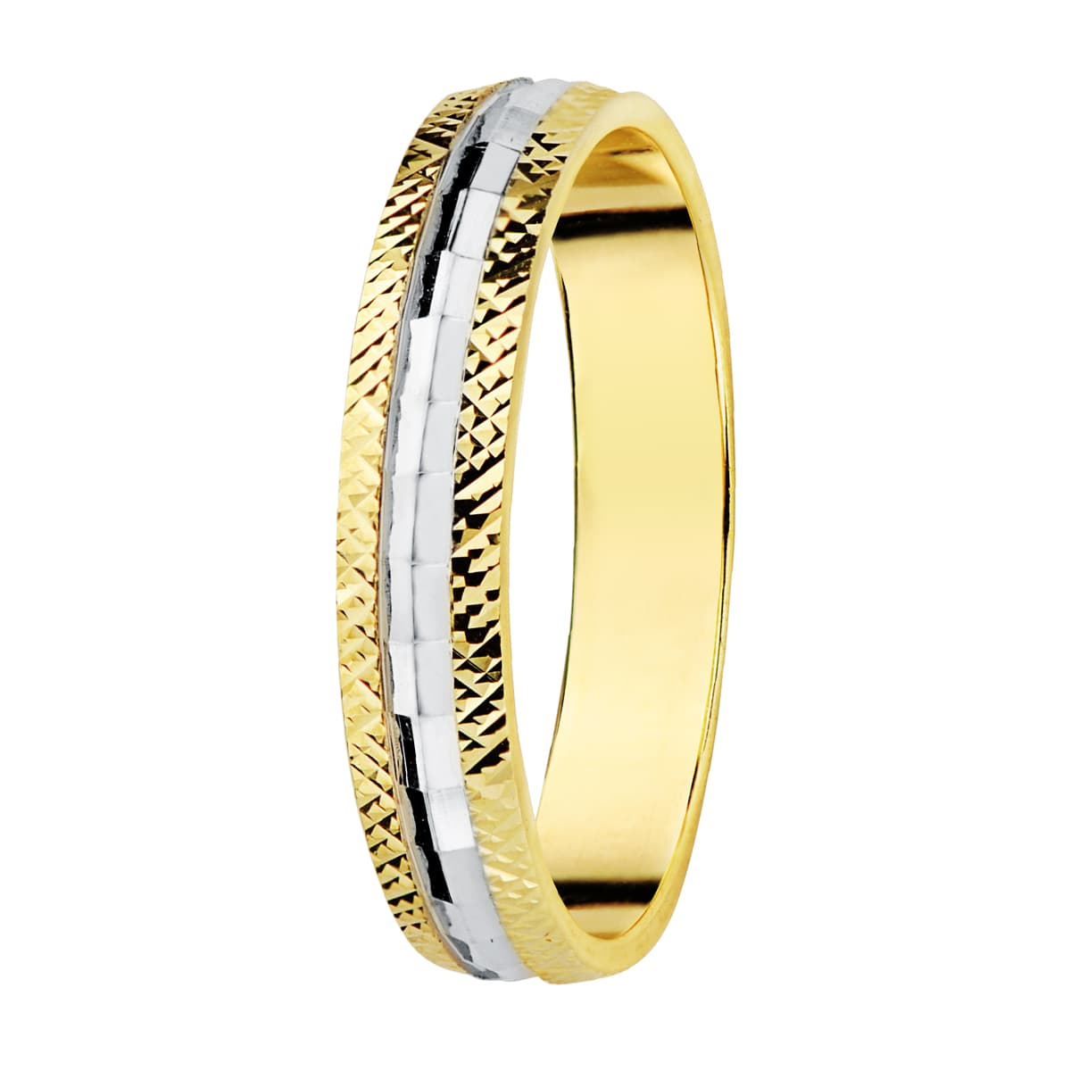 9K ALIANZA ORO BICOLOR TALLADA. ANCHO: 3.5 MM