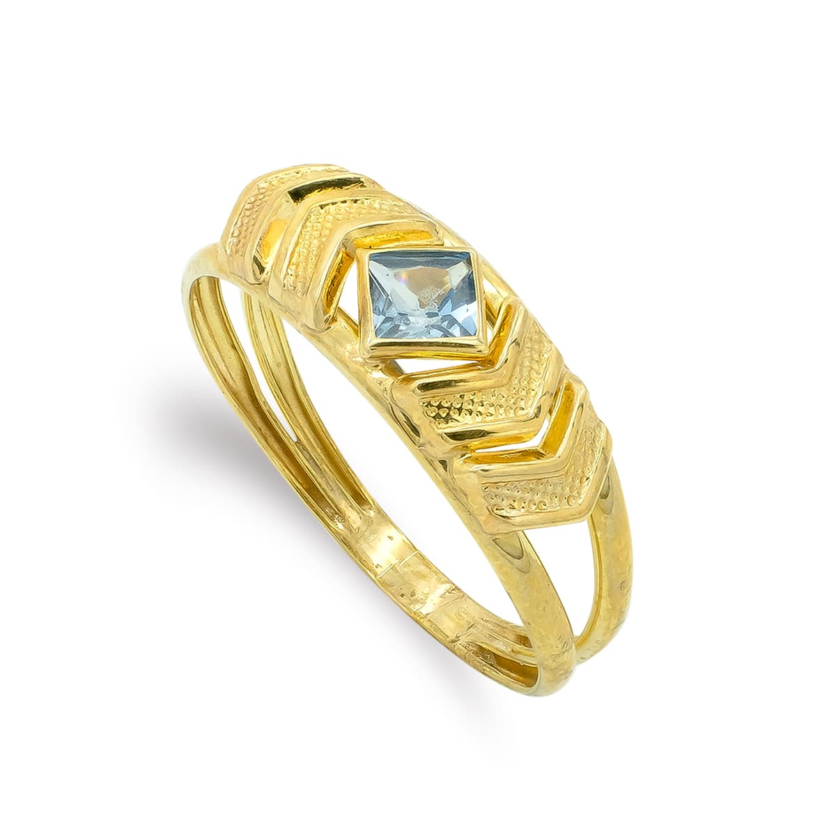 9K SORTIJA ORO AMARILLO MOTIVO CON CIRCONITA COLOR AGUAMARINA. ANCHO: 6,5 MM