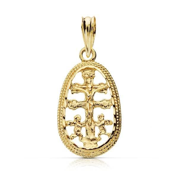 18K COLGANTE ORO AMARILLO CRUZ CARAVACA CERCO TALLADO 19X11 MM