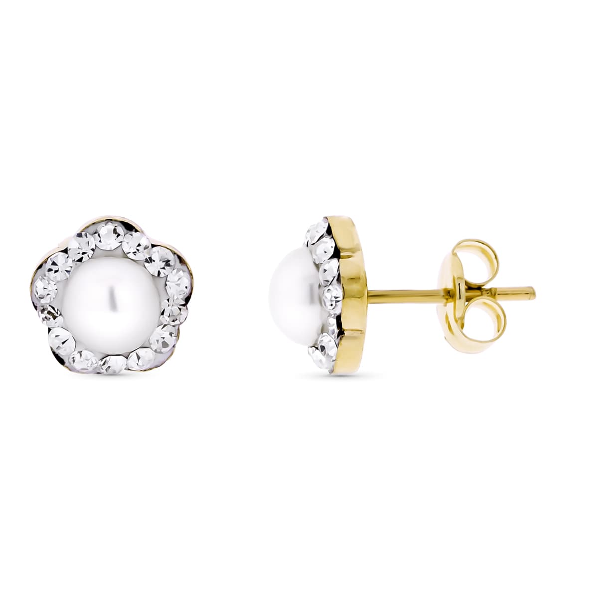 9K PENDIENTES ORO AMARILLO FLOR CON CIRCONITAS Y PERLA 5 MM. MEDIDA: 7X7 MM. CIERRE PRESION