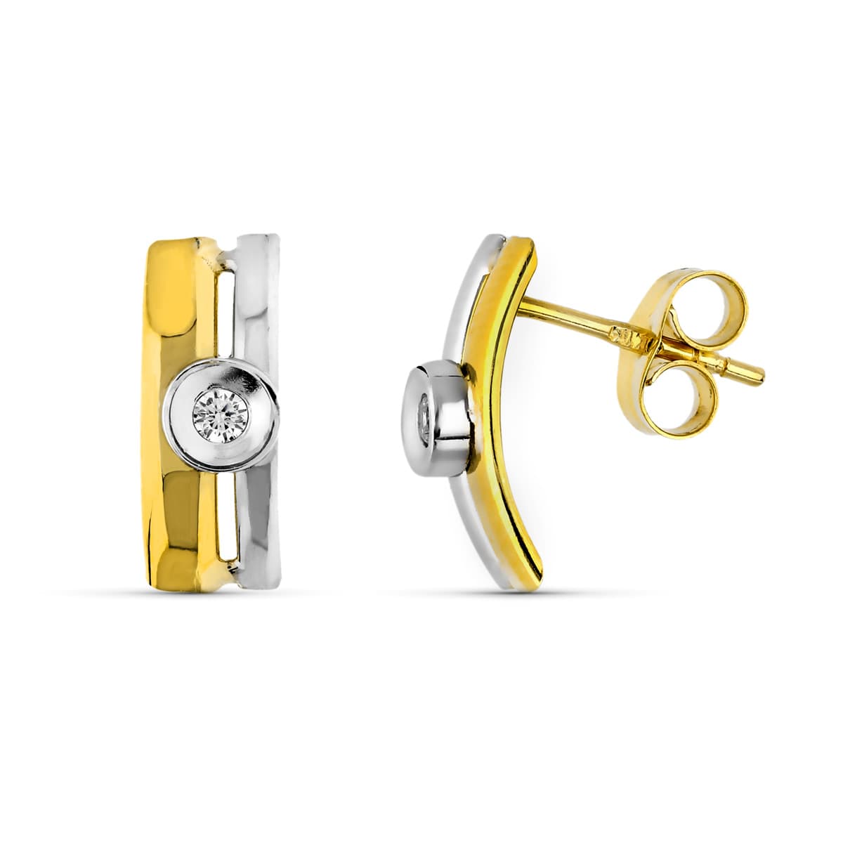 9K PENDIENTES ORO BICOLOR BANDAS 13X5 MM CIERRE PRESION