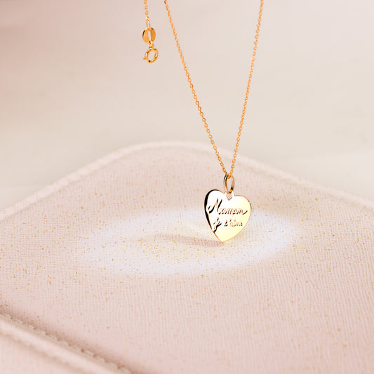 9K COLGANTE ORO AMARILLO CORAZON EN BRILLO MAMAN JE T AIME. 14X14MM