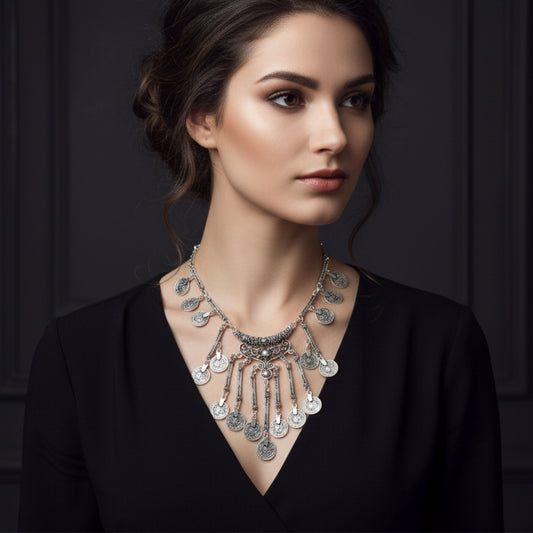 Mujer Luciendo Collar Zamak Monedas Vintage Unisex Plateado Tribal con Flecos Joyeria Osnor
