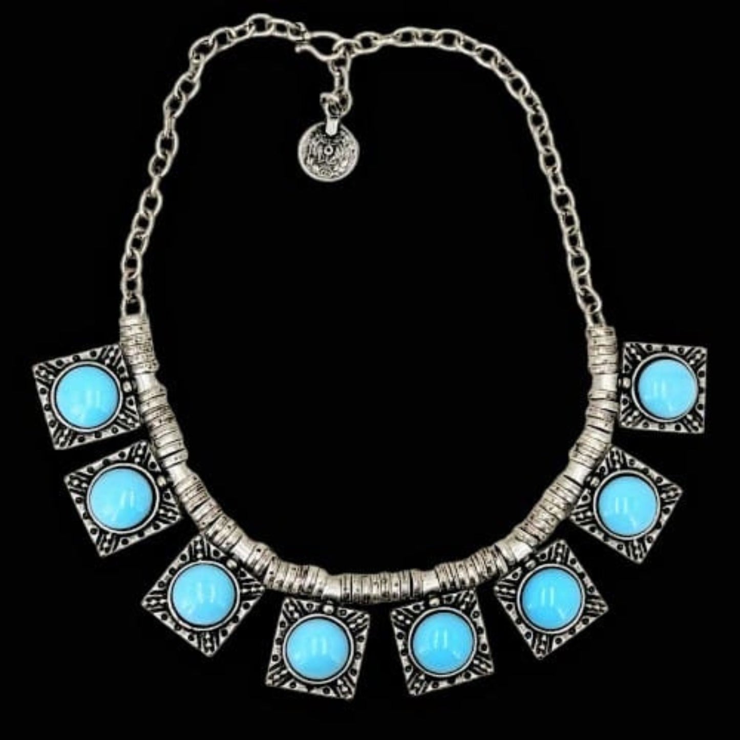 Collar vintage de zamak envejecido con 8 turquesas engastadas. joyeria osnor zamak