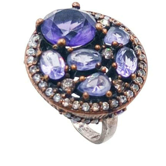 SILVER AND BRONZE RING WITH SILVER PLATING, NATURAL STONES AND ZIRCONIAS