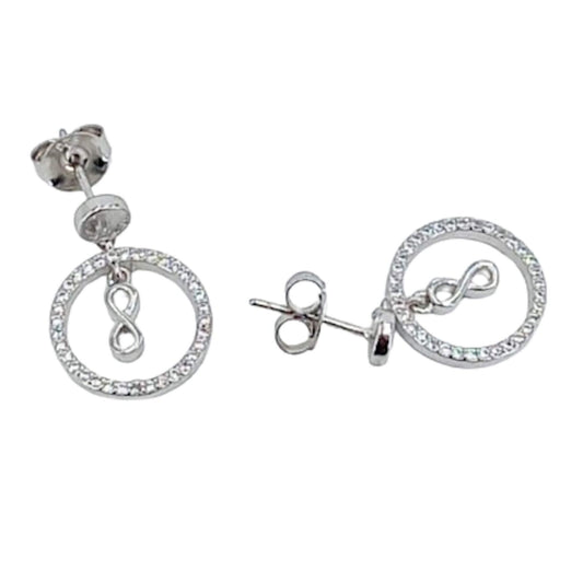 Silver earrings with rhodium finish, push-back closure, cubic zirconia, smooth, shiny infinity symbol