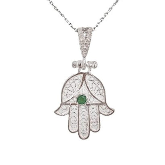 Fatima Hand Pendant, Silver Finished with Cubic Zirconia