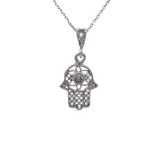 Fatima Hand Pendant, Silver with Aged Finish and Cubic Zirconia