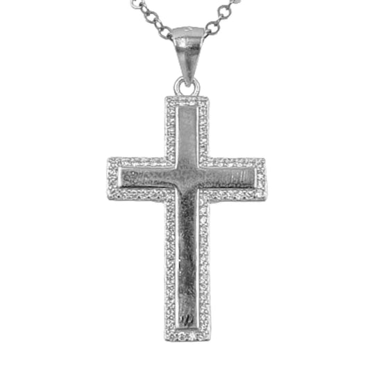 SILVER CROSS WITH RHODIUM FINISH AND ZIRCONIAS, SMOOTH AND POLISHED