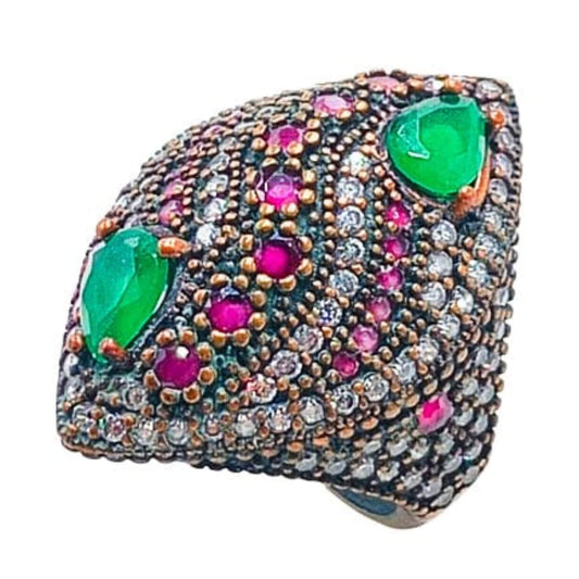 SILVER AND BRONZE RING WITH SILVER FINISH AND NATURAL STONES